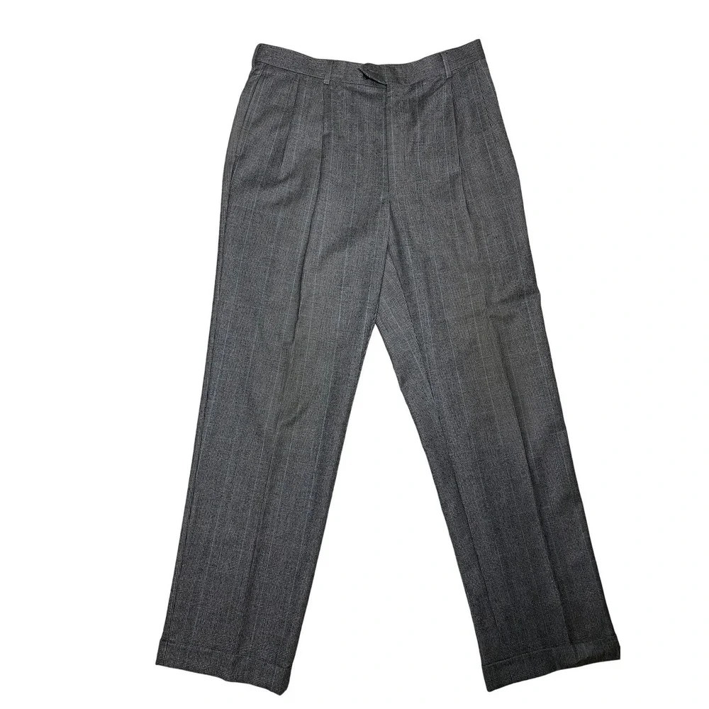 Jos A Bank Mens Gray‎ Blue Windowpane Flannel Soft Wool Fall/Winter Dress Pants